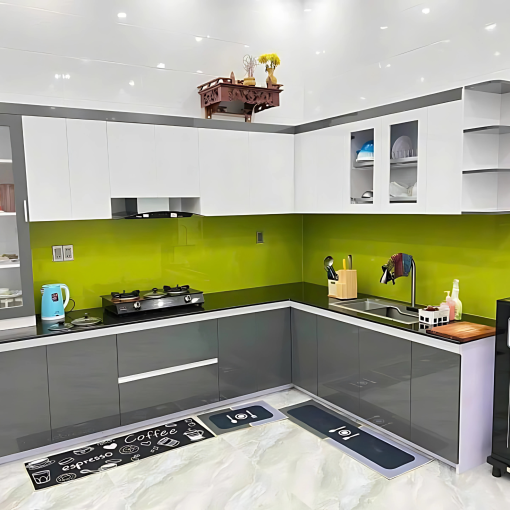Tủ Bếp Acrylic Bóng Gương Gỗ Mdf Màu Xám Phối Trắng Đẹp
